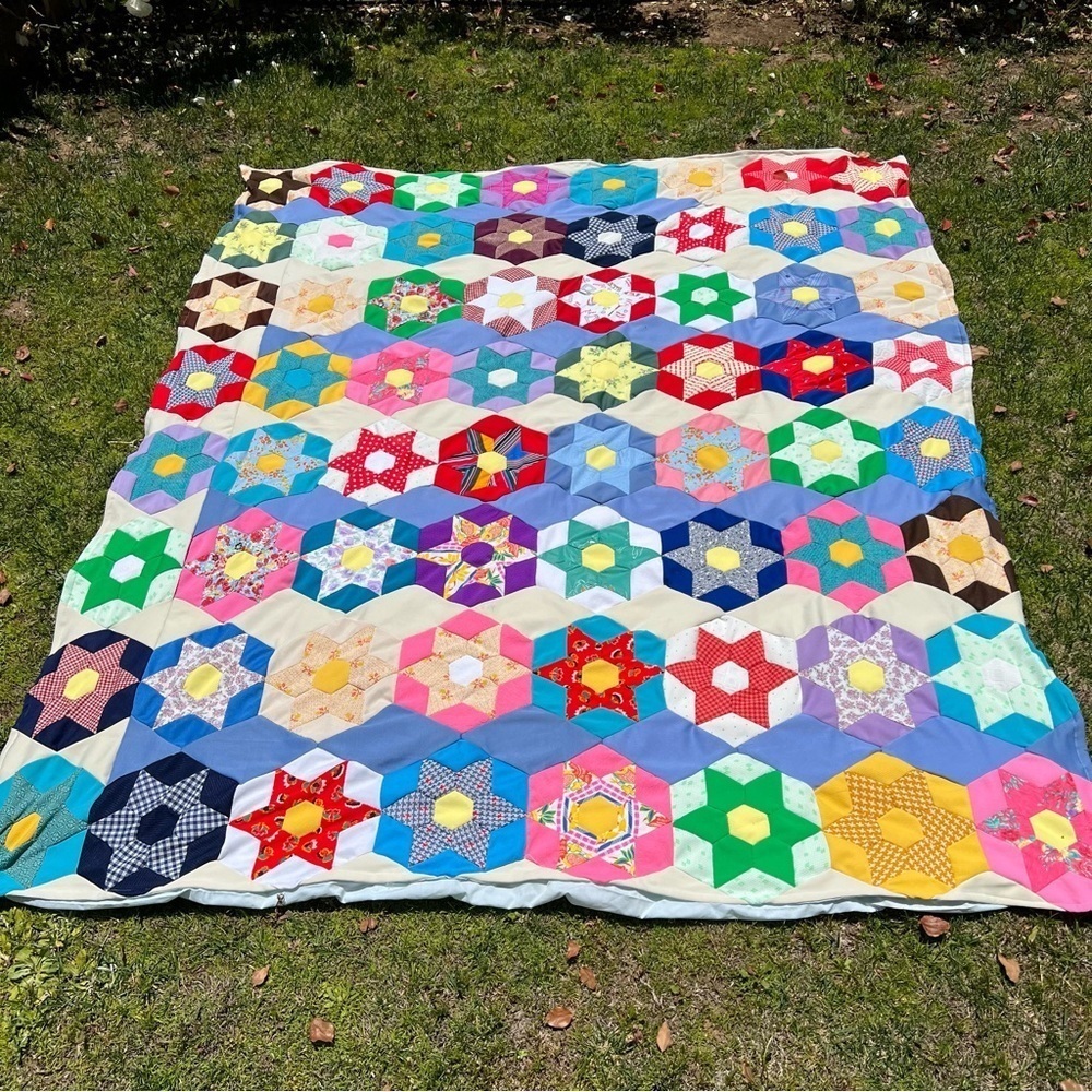 VTG 6-Point Star Patchwork Hex Blanket Retro Handmade Polyester Colorful  74x88